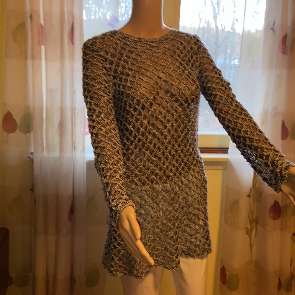 Blue Metallic Stretch Knit Tunic Top